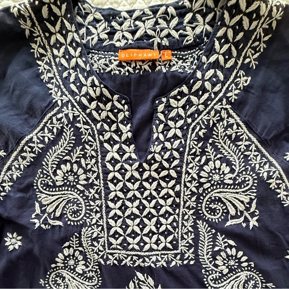 Oliphant Navy Embroidered Cotton Boho Top Tunic Blouse Size L - Picture 3 of 9